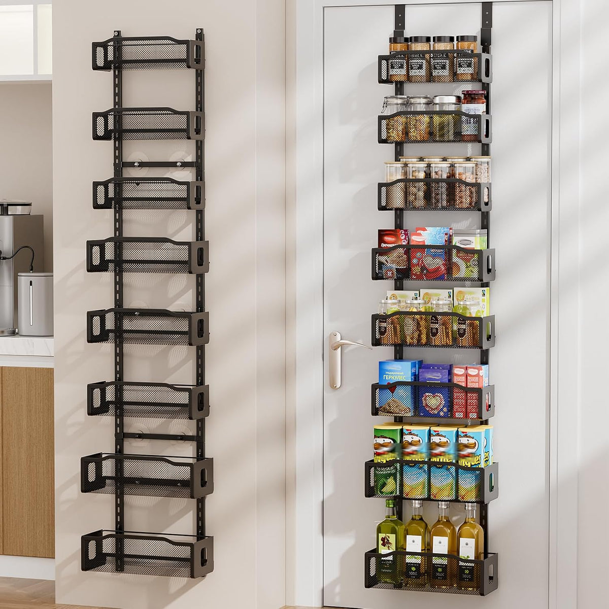 Delamu 8 Tier Over the Door Pantry Organizer, 2in1 Hanging or Wall Mount Spice Rack Seasoning, Adjustable Heavy-Duty Narrow Pantry Door Organizer and Storage for Kitchen Cabinet and Bathroom,12" White