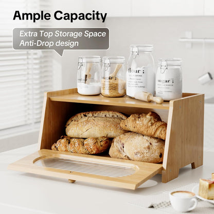 Bread Box,Extra Large 2-Tier Bamboo Bread Box for Kitchen Countertop,Bread Storage Container with Magnetic Acrylic Door for Homemade Bread,Under Cabinet,Pantry Organizer(Natural)