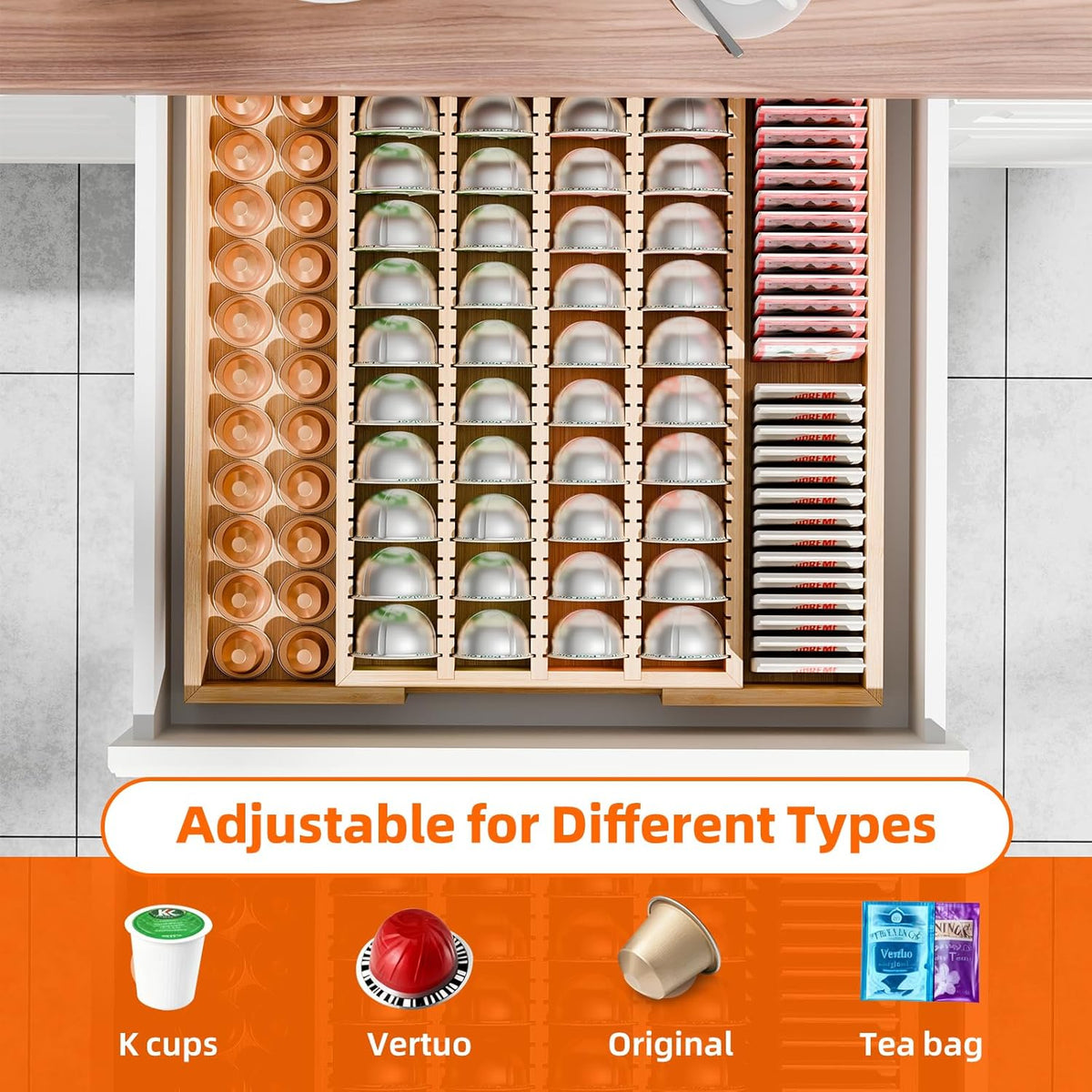Simple Trending Bamboo Coffee Pod Holder Drawer, Expandable K Cup Pod Storage Compatible with Nespresso Vertuo Capsules, K Cup Drawer Organizer for Coffee Station, Home Office, Kitchen, Natural