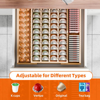 Simple Trending Bamboo Coffee Pod Holder Drawer, Expandable K Cup Pod Storage Compatible with Nespresso Vertuo Capsules, K Cup Drawer Organizer for Coffee Station, Home Office, Kitchen, Natural