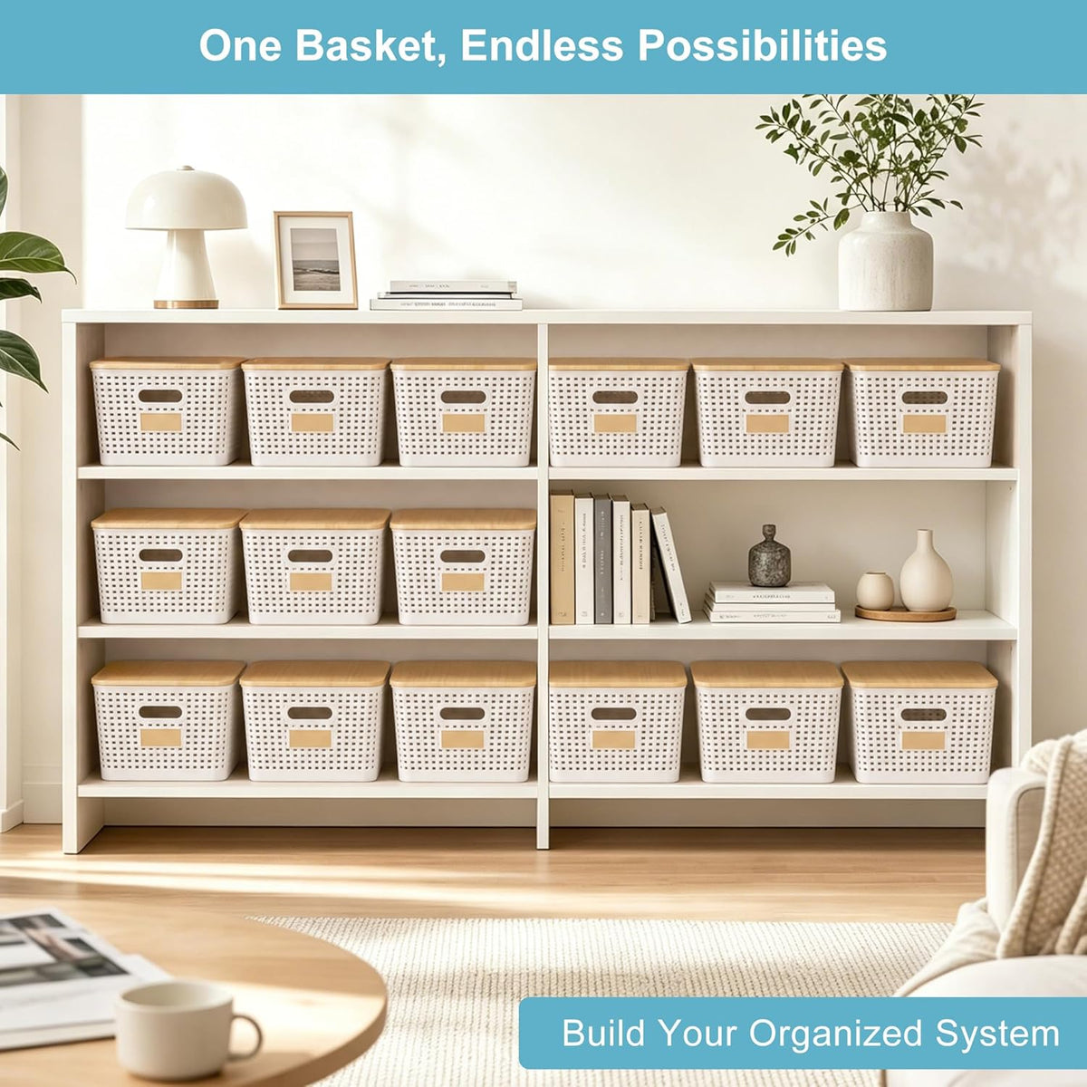 Bagnizer Small Plastic Storage Bins with Bamboo Lids 5.2qt Stackable Box Basket Pantry Decorative Containers Cute with Labels for Organizing Desktop Closet Office Cream White of 10*7.2*4.1"