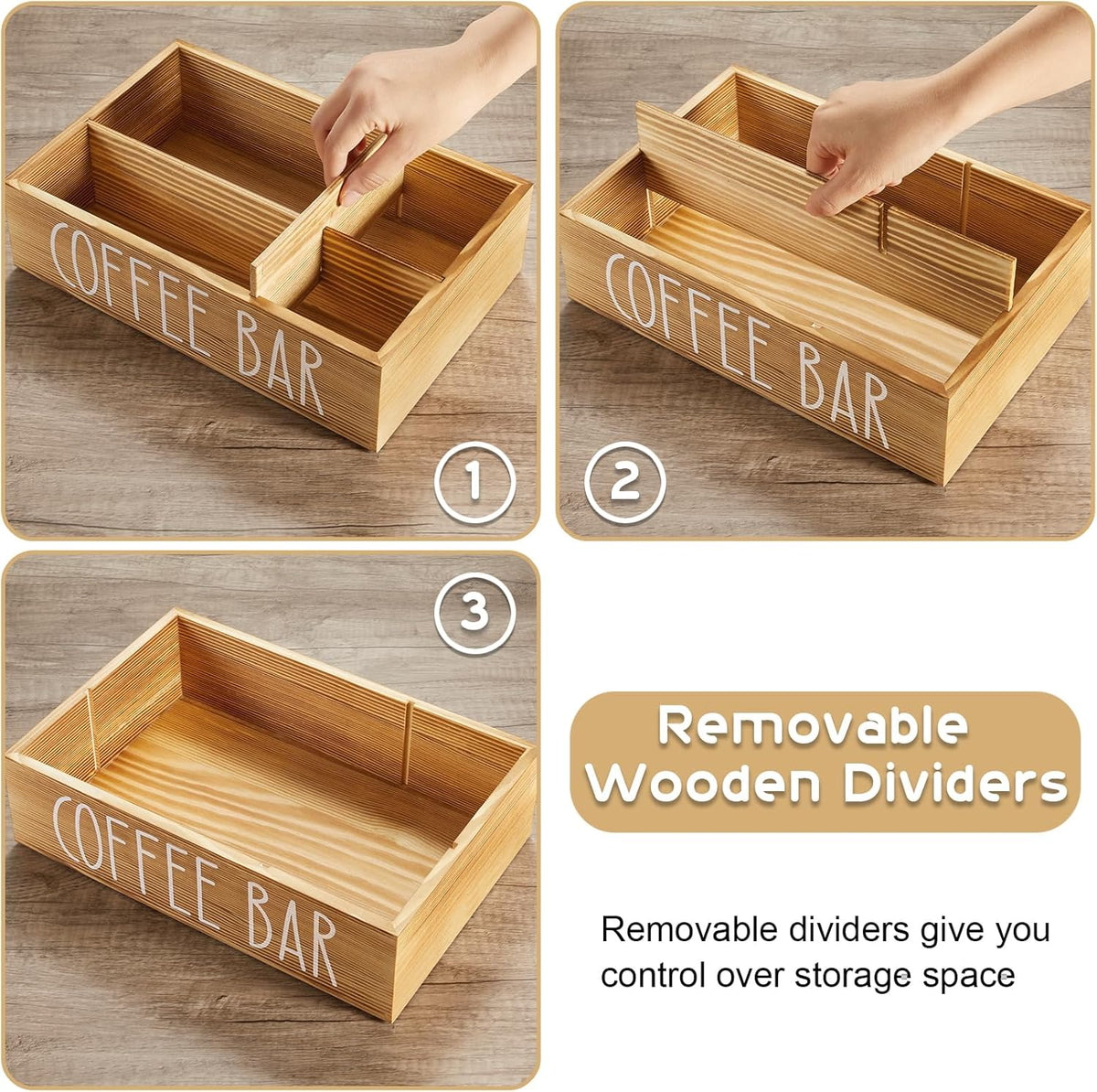 ALELION Coffee Station Organizer - Wood Countertop Accessories Organizer with Removable Dividers for Pods Condiment Syrup Tea Cups Stirrers - for Farmhouse Coffee Bar Decor