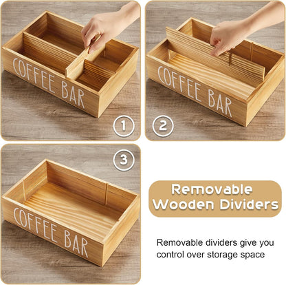 ALELION Coffee Station Organizer - Wood Countertop Accessories Organizer with Removable Dividers for Pods Condiment Syrup Tea Cups Stirrers - for Farmhouse Coffee Bar Decor