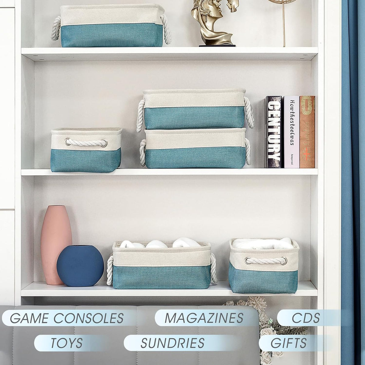 Fabric Storage Bins 12x8x5 inch [6-Pack] with Rope Handles - Decorative Baskets for Organizing