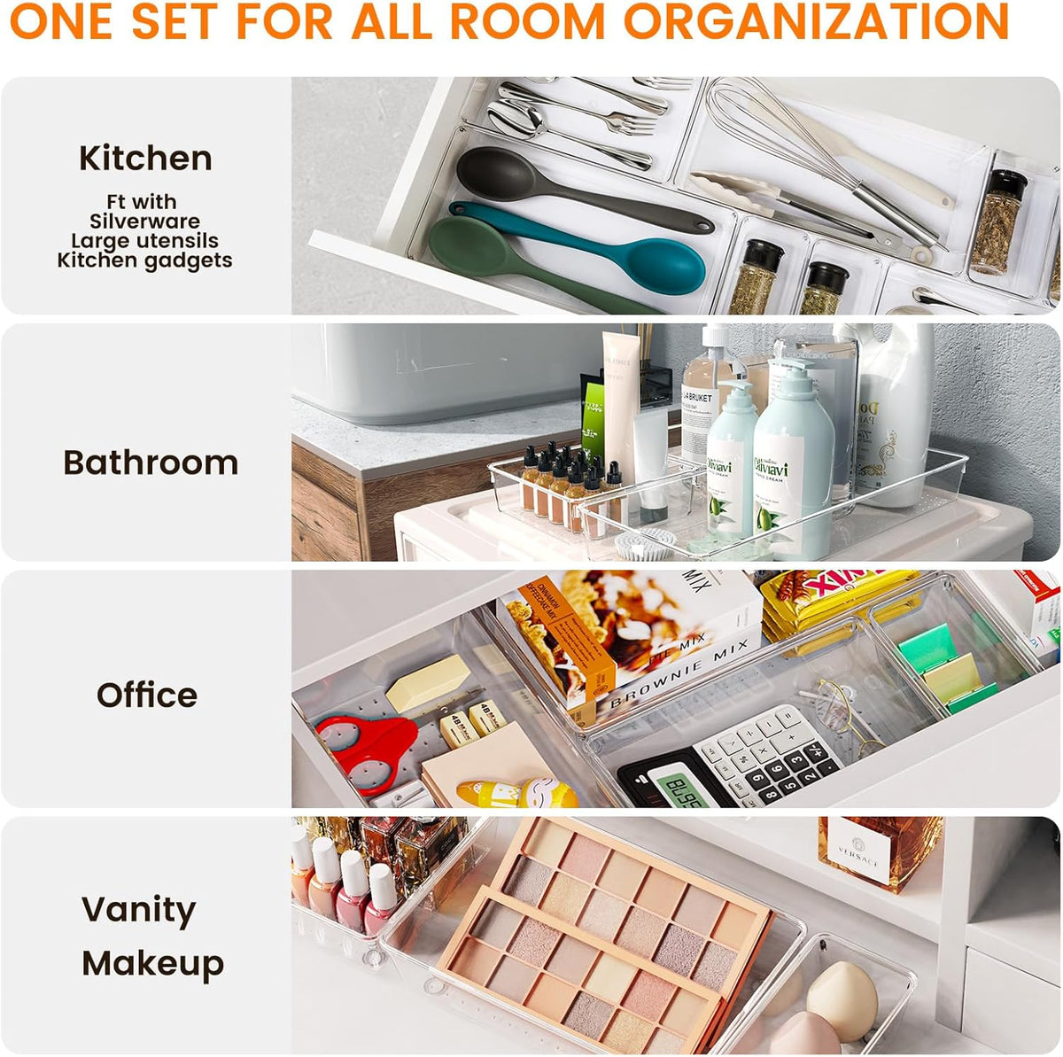 Criusia Large Drawer Organizer Bins | Complete 5 Size Clear Plastic Kitchen Drawer Organizers for Utensils | Bathroom Drawer Organizer Trays | Versatile for Makeup Office Organization