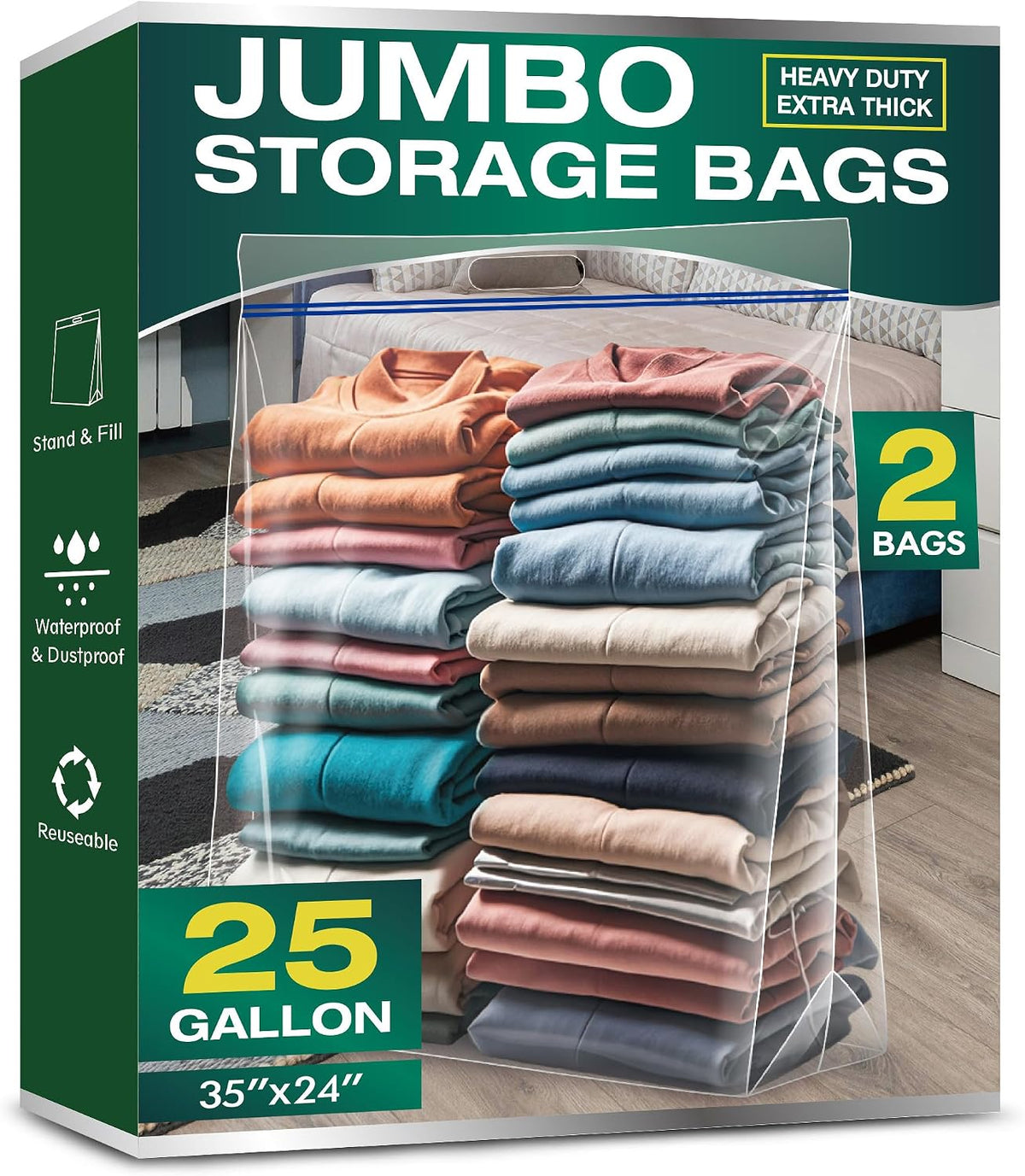 25 Gallon Jumbo Storage Bags, 3.5 Mil Thick Clear Plastic Zipper Bags with Handles, 35" x 24" Extra Large XL Heavy Duty for Home, Travel, and Moving (5 Packs)