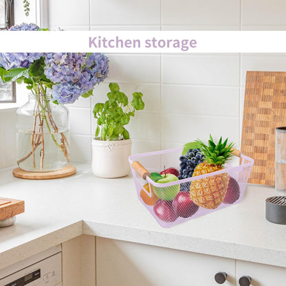 2 Pack 12" Wide Metal Mesh Baskets with Bamboo Handles for Pantry Organization | Wire Storage Bins for Kitchen, Cabinet, Fruit & Snacks | Decorative Farmhouse Style Organizer