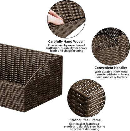 Rattan Storage Baskets, Handwoven Wicker Storage Bins with Built-in Handles, Storage Container Baskets for Shelves, Bedroom, Bathroom, Laundry Room or Kitchen(Natural)