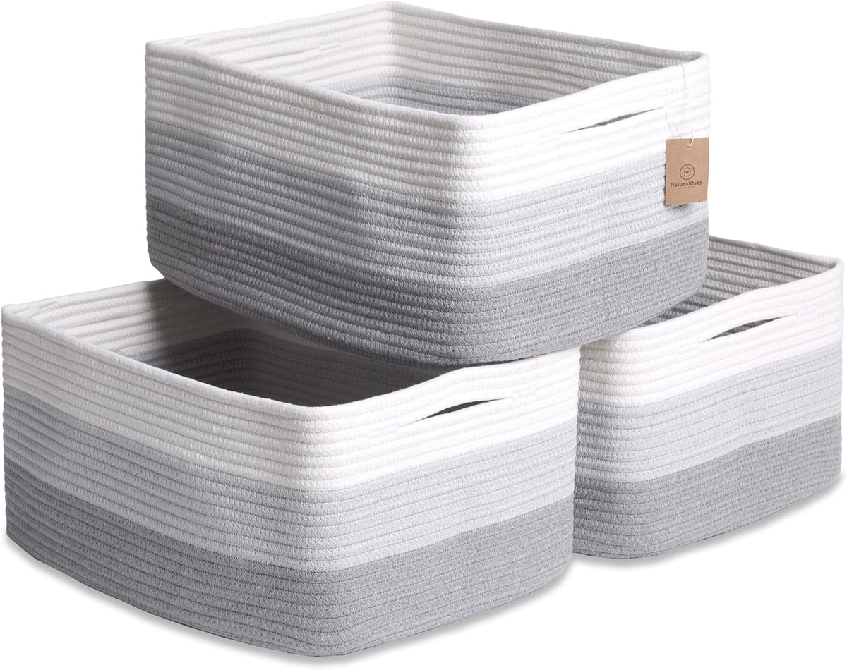NaturalCozy Storage Baskets 16.8”x13”x7.6” Cotton Rope Woven Baskets for Organizing 3-Pack | Toy Storage Bins | Basket for Shelves, Laundry, Blanket, Clothes, Closet, Kitchen, Bathroom, Gifts