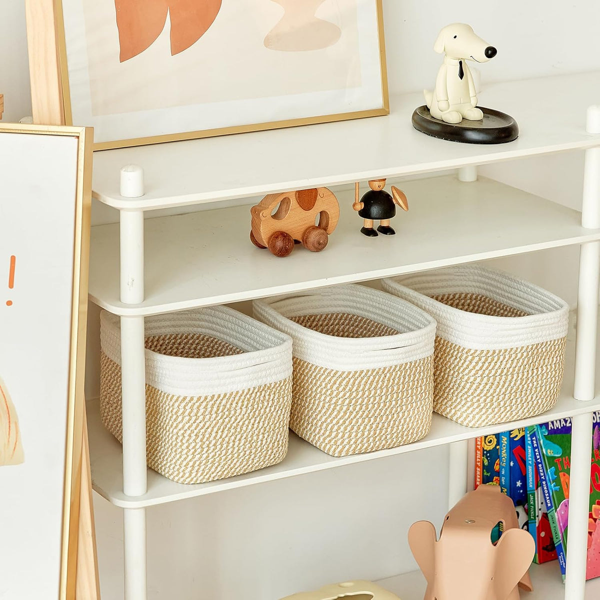 R RUNKA Small Cotton Rope Basket – Storage Bin for Organizing (10.6" x 6.7" x 6.7"), Bathroom Storage Basket for Shelf, Counter & Closet（Beige）