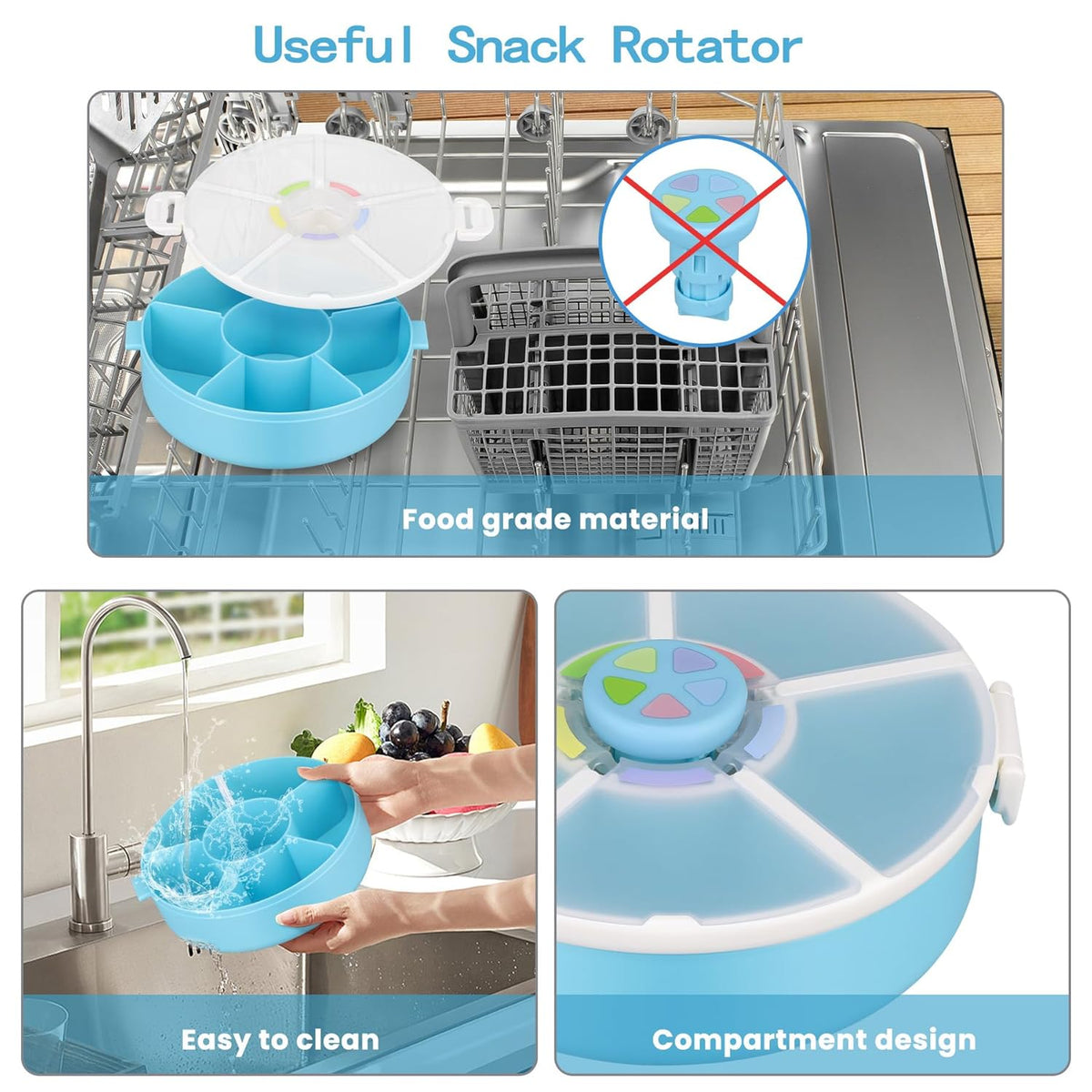 Pawtong Snack Rotator Container Reusable Snack Box with 5 Compartment Dispenser and Lid, Color Matching Opening Lid, BPA and PVC Free, for Home, School, Travel (Purple)