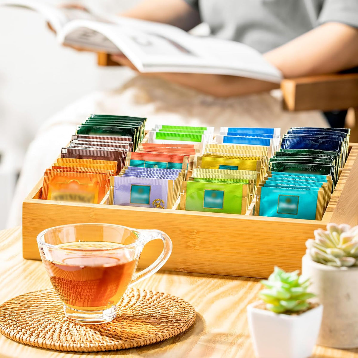 TIMIEEYA Tea Bag Organizer - Bamboo Tea Storage Organizer With Drawer 2 Layer, Tea Organizer for Tea Bags Natural Wood & Acrylic for Countertop Office Kitchen Cabinet Pantry