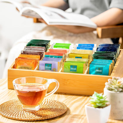 TIMIEEYA Tea Bag Organizer - Bamboo Tea Storage Organizer With Drawer 2 Layer, Tea Organizer for Tea Bags Natural Wood & Acrylic for Countertop Office Kitchen Cabinet Pantry