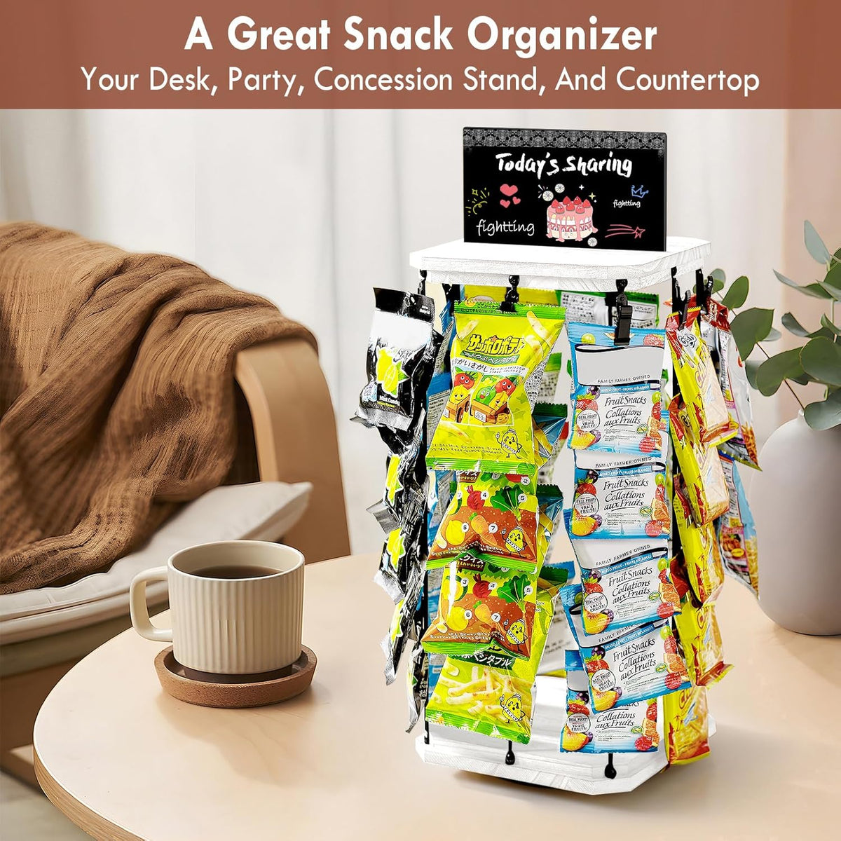Pinzoveco Chip Rack Display Stand, 5 Tiers 40 Clips Snack Organizer for Office Desk, 360° Rotating Wooden Base Chip Holder Candy Display for Concession Stand, Countertop, Party, With Message Board