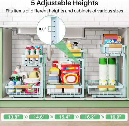 Kitstorack Under Sink Organizer, 2 Tier Under the Sink Storage, Slide out Pull out Cabinet Organizer Shelf, Metal Sliding Drawer for Kitchen Bathroom Pantry Closet Organization Rack, Black