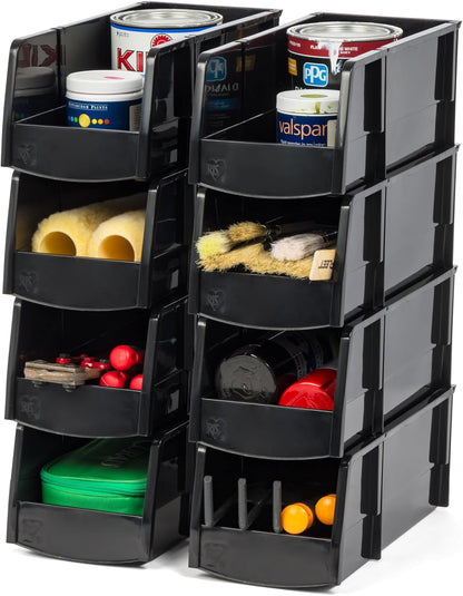 IRIS USA Medium Stackable Storage Bins, 11" L x 6" W x 5" H |Made in USA| Plastic Open Front Shelf Bin for Organizing Parts, Hardware, Tools, Supplies, Garage Shelf, Pantry - Black