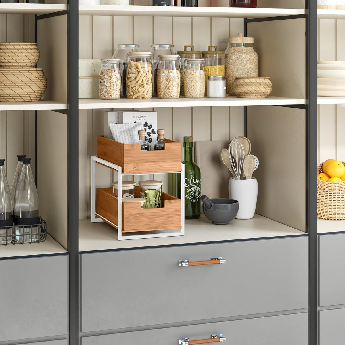 Seville Classics Bamboo Premium Organizer Storage Bins for Kitchen Silverware, Pantry, Closet, Office Desk, Pens, Utensils, Makeup, K Cup, Bamboo, Bag Holder Bin Set