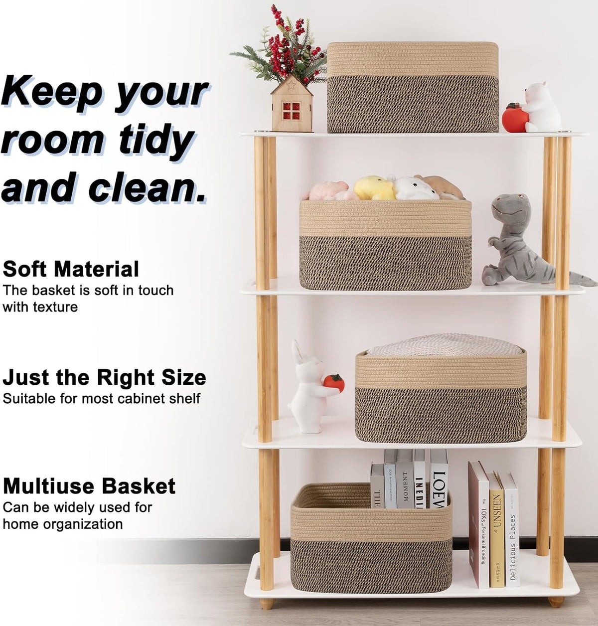 4 Pack Storage Baskets for Organizing, Woven Baskets for Shelves - Perfect for Toys, Books, Towels, and Clothes, Durable Gift Basket Bins Toy Storage, 12.7''Lx9''Wx7.8''H, Brown & White
