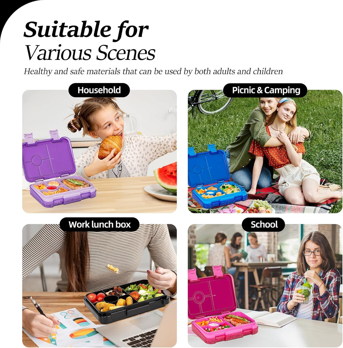 Bento Lunch Box for Kids, 6 Compartments BPA Free, Dishwasher Safe Back to School Snack Bento Lunch Containers Boxes, Ideal Portion Sizes for On-the-Go Meal, Ages 3+, School, Green Patterned