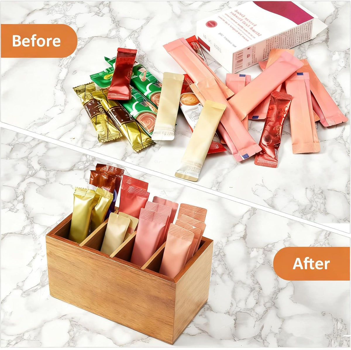Drink Packet Organizer, Wood Water Flavor Packet Holder with Dividers, Drink Mix Organizer for Drink Station, Kitchen Pantry Organization