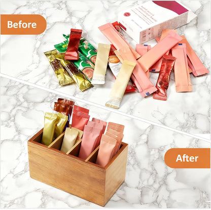 Drink Packet Organizer, Wood Water Flavor Packet Holder with Dividers, Drink Mix Organizer for Drink Station, Kitchen Pantry Organization