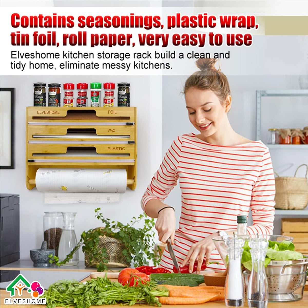 5 in 1 Foil and Plastic Wrap Organizer with Cutter, Plastic Wrap Food Dispenser with Paper Towel Holder for 12 inch Roll Wax Paper Parchment, Wall Mount Aluminum Foil Dispenser for Kitchen Storage