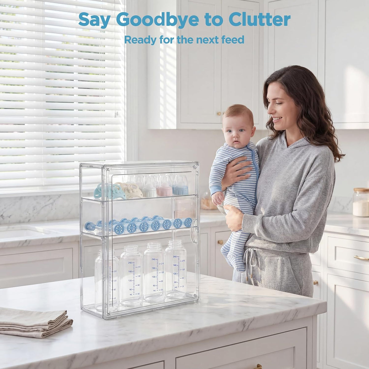 HBlife Baby Bottle Storage Organizer for Countertop Cabinet, 3 Tiers Adjustable Clear Acrylic Bottles Storage Station Case Box Container with 2 Removable Dividers and Magnetic Door, Large