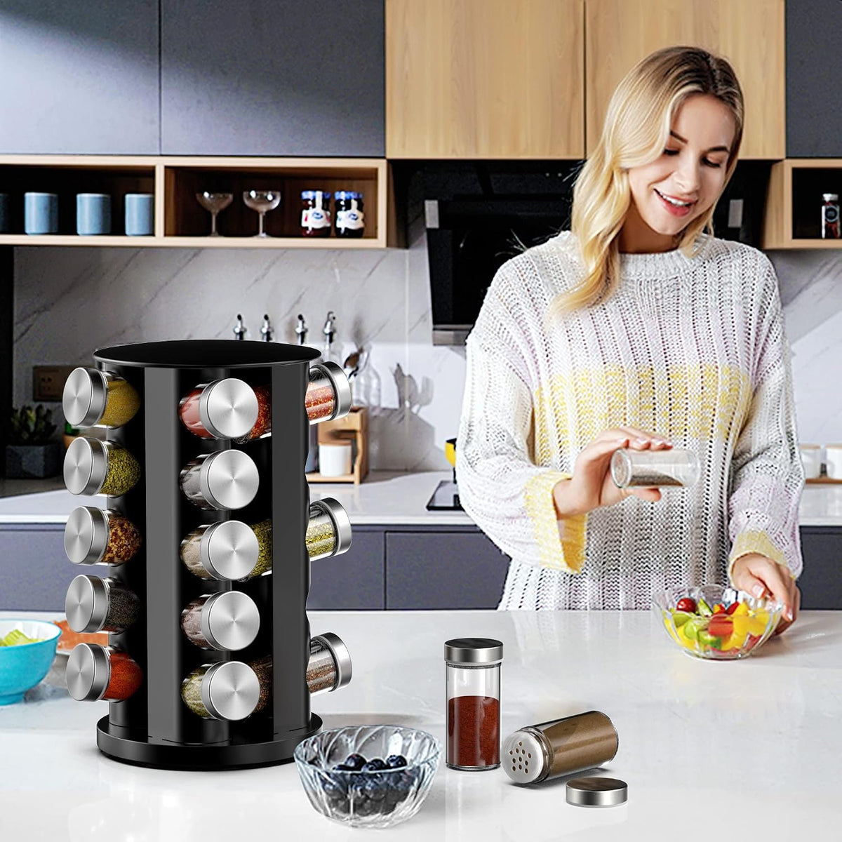 Handisen Rotating Spice Rack Organizer for Cabinet, Spice Racks Storage with 20 Jars, Spinning Spice rack for Kitchen Countertop, Spice Holder,Seasoing Storage Racks, Black