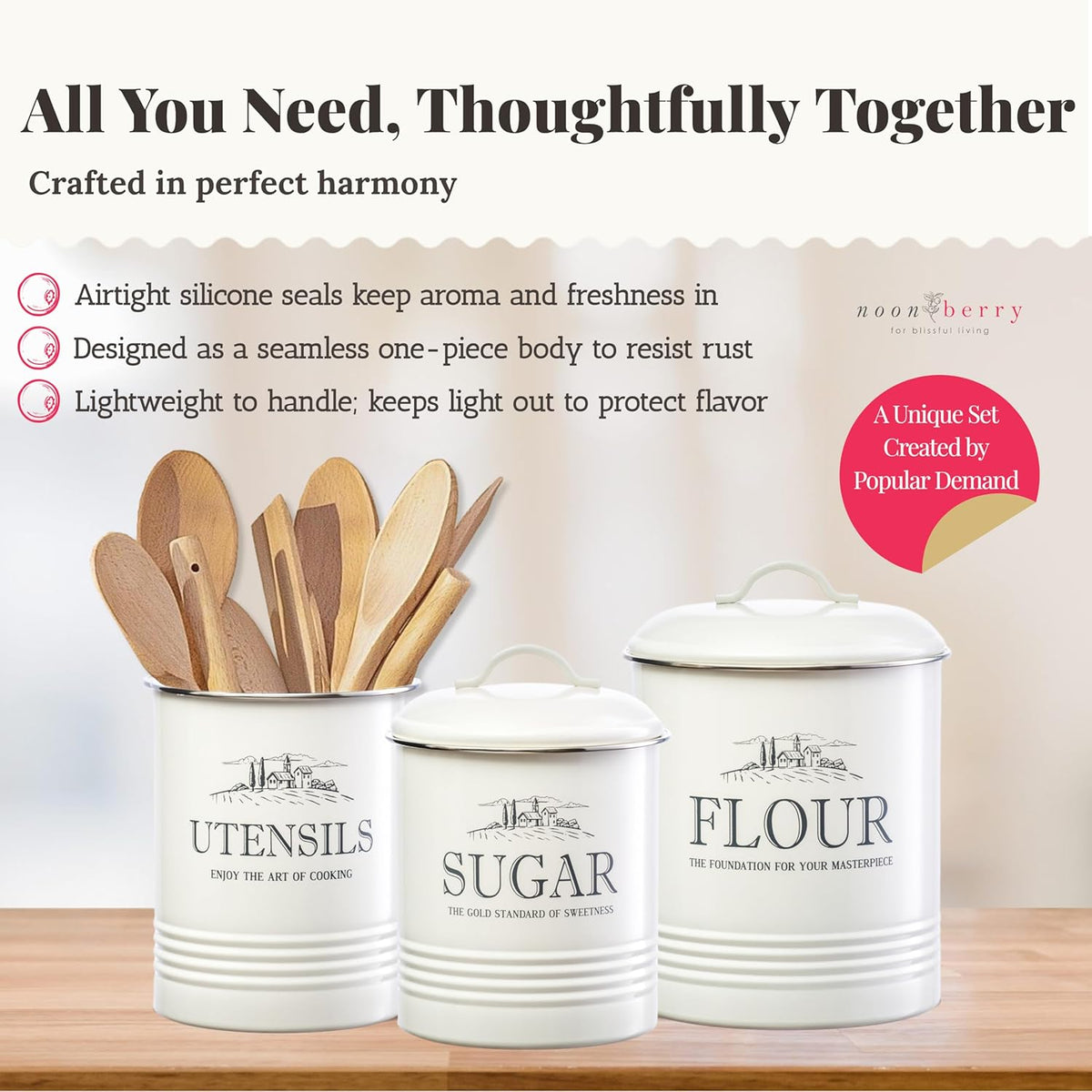 noonberry Potato and Onion Storage Bin Set – 3-Piece Ventilated Potato Storage Bin, Onion Storage Container and Garlic Container – Cream-White Magnolia Finish