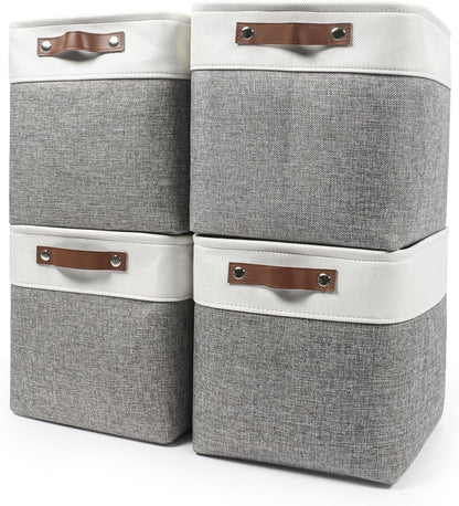 Bagnizer Large Fabric Storage Baskets | 50L Storage Bins, Decorative Linen Closet Baskets with Handles for Organizing, Shelf, Toys, Clothes, Home, Office, Nursery, 17x12x15Inches (Grey&White)