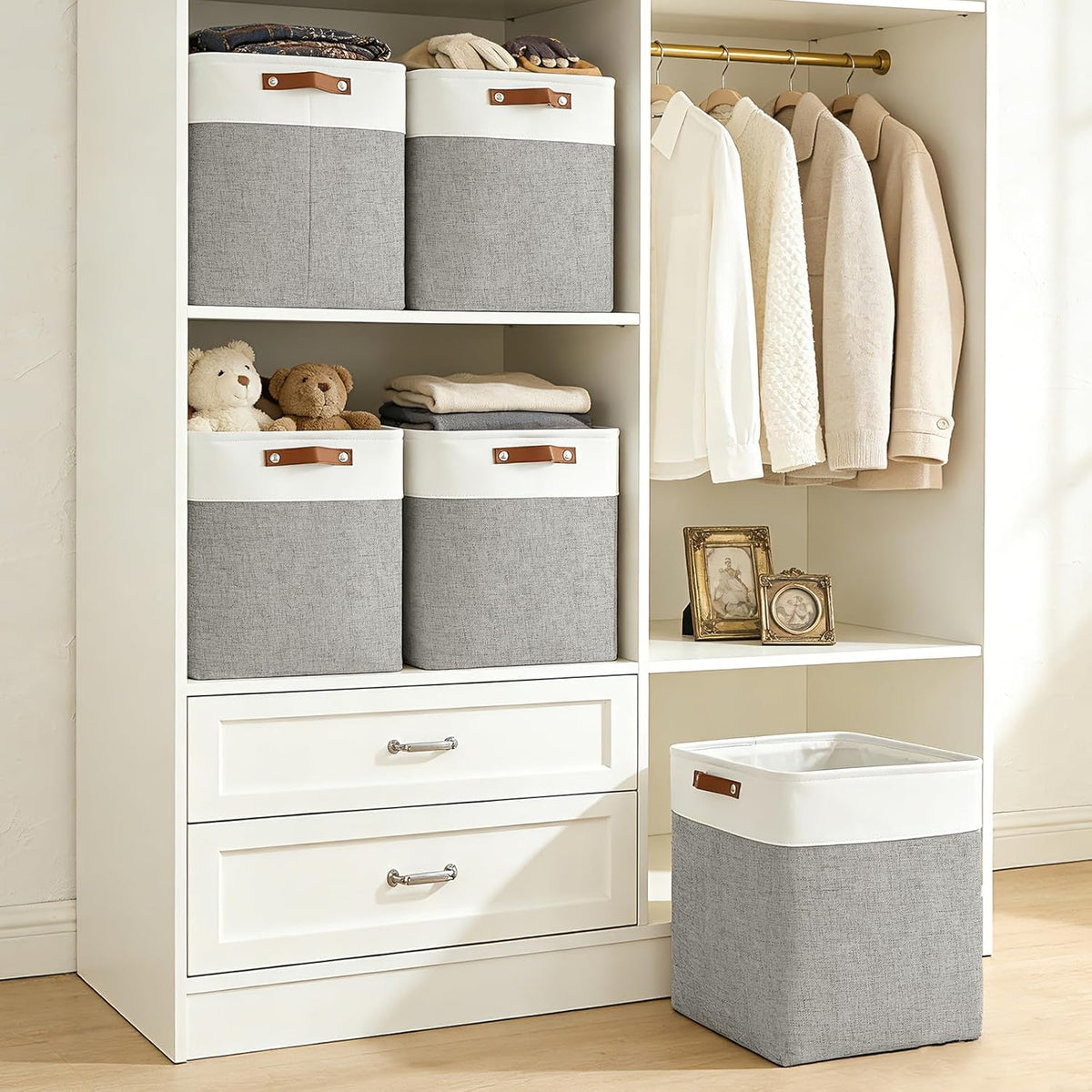 Bagnizer Large Fabric Storage Baskets | 50L Storage Bins, Decorative Linen Closet Baskets with Handles for Organizing, Shelf, Toys, Clothes, Home, Office, Nursery, 17x12x15Inches (Grey&White)
