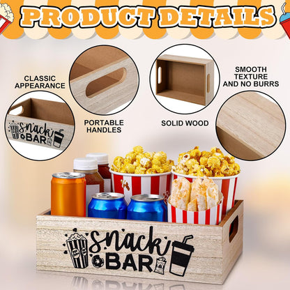Movie Night Supplies Snack Trays with Handles Reusable Wooden Movie Gift Basket for Theater Popcorn Bucket Bowl Box Container Family Room Decor(Classic Style)