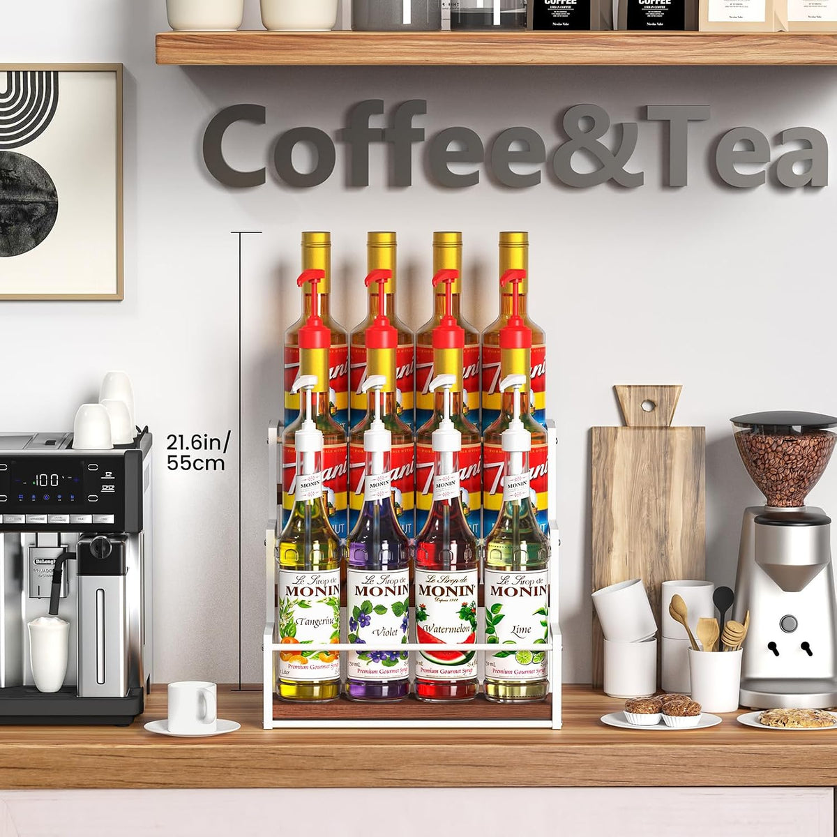 THYGIFTREE Coffee Syrup Rack Organizer 2-Tier 10 Syrup Bottles Holder Stand Metal with Wood Base for Coffee Bar Storage Shelves for Kitchen Countertop Matte Black