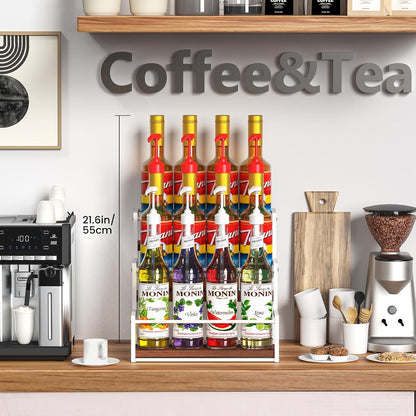 THYGIFTREE Coffee Syrup Rack Organizer 2-Tier 10 Syrup Bottles Holder Stand Metal with Wood Base for Coffee Bar Storage Shelves for Kitchen Countertop Matte Black