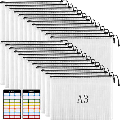 YOPCDJ 24pcs Mesh Zipper Pouch File Bags Puzzle Storage Bags, A3 17x12 Inches Large Reusable Zipper Pouches for Organizing Classroom Board Game Organization