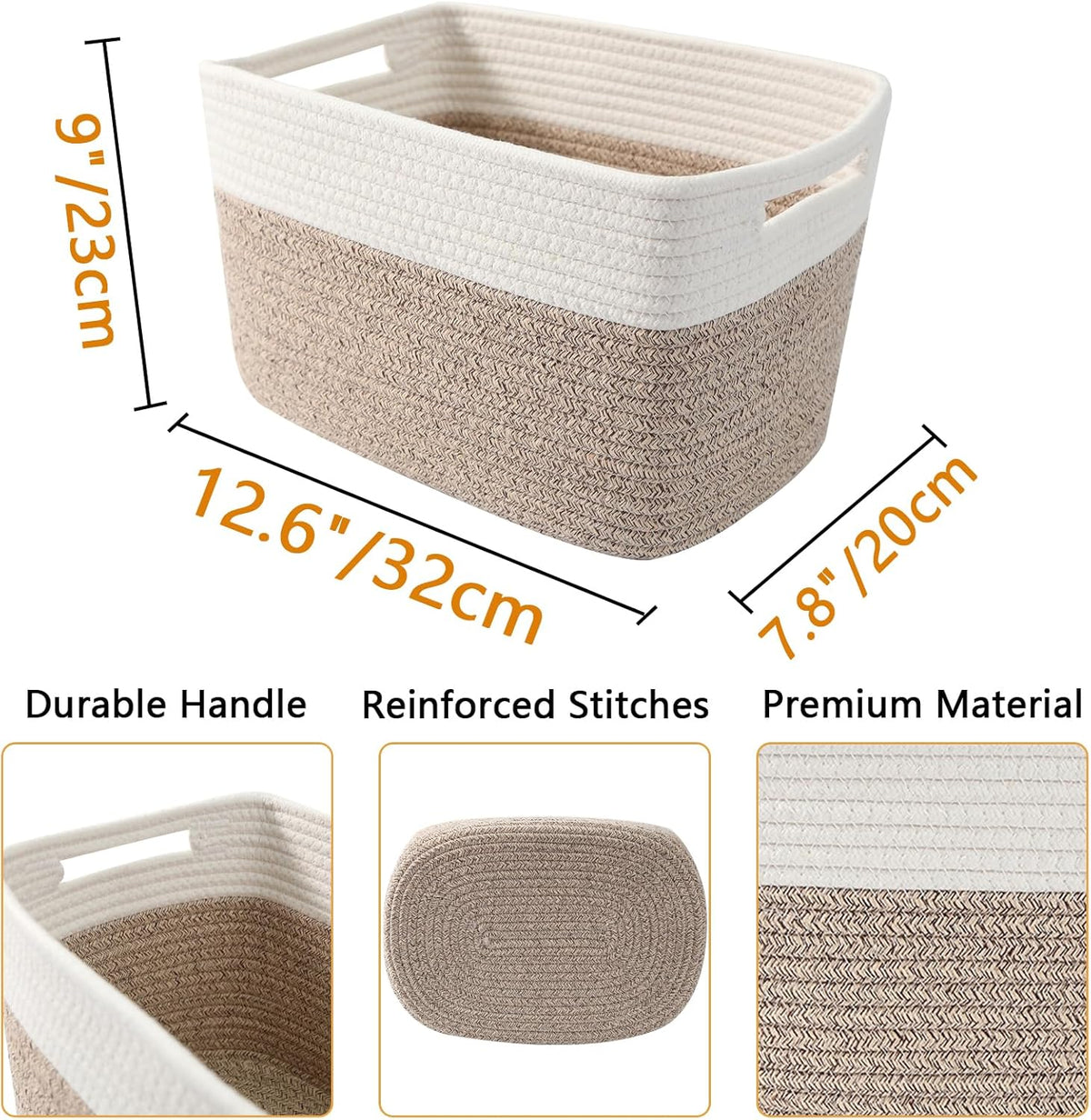3 Pack Woven Rope Storage Baskets for Shelves,13.5"×11"×9.5" Storage Bins with Handles,Empty Gift Baskets,Nursery Organizer for Toys,Towels,Books,Closet,Living Room,Bedroom (White & Brown)