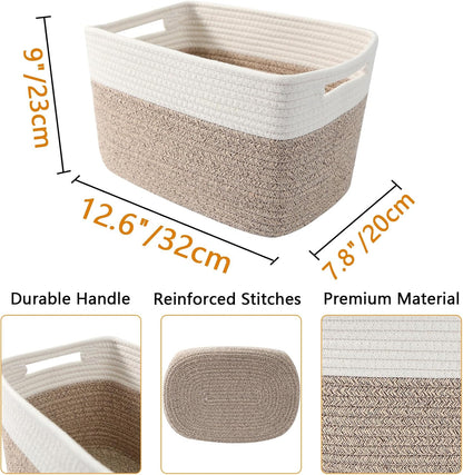 3 Pack Woven Rope Storage Baskets for Shelves,13.5"×11"×9.5" Storage Bins with Handles,Empty Gift Baskets,Nursery Organizer for Toys,Towels,Books,Closet,Living Room,Bedroom (White & Brown)