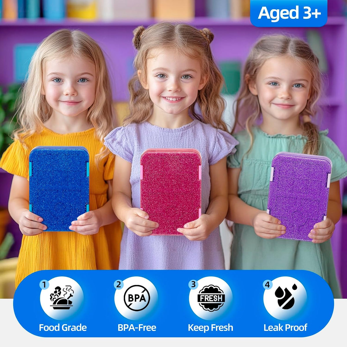 Bento Lunch Box for Kids, 6 Compartments BPA Free, Dishwasher Safe Back to School Snack Bento Lunch Containers Boxes, Ideal Portion Sizes for On-the-Go Meal, Ages 3+, School, Green Patterned