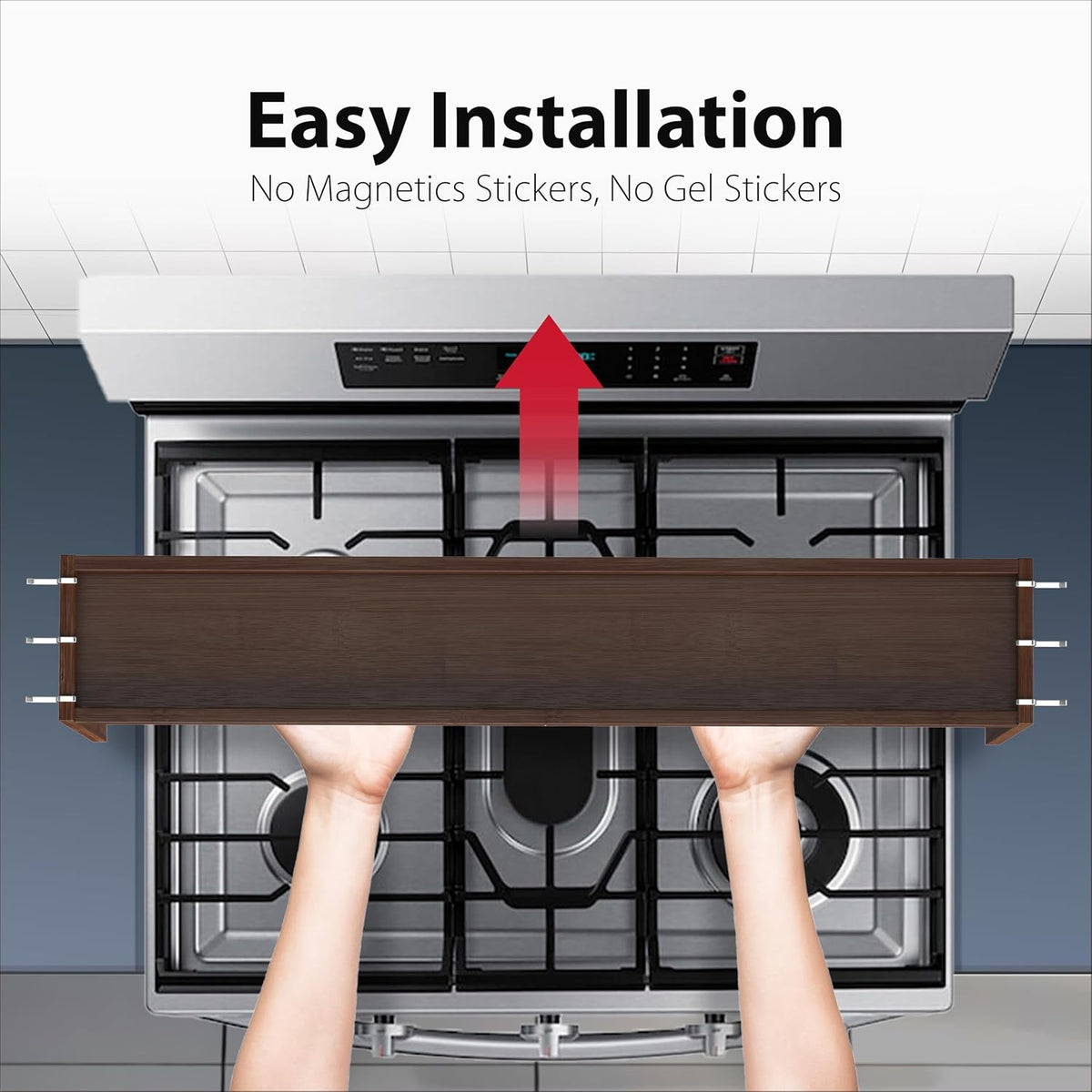 IIIOIIIA Bamboo Over the Stove Spice Shelf for Kitchen, 31.5" Spice Rack Organizer Shelf with 6 hooks, 11.4" Height Extra Storage Countertop, Easy to Assemble