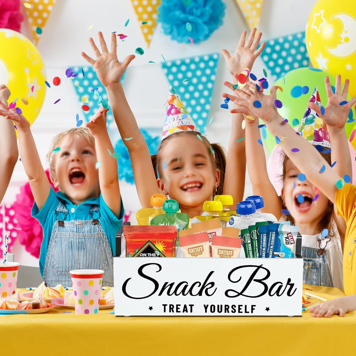 Snack Organizer for Countertop, Wood Pantry Storage Bins with Handles, Snack Bar Organizer for Kitchen, Office, 4 Compartment Food Container Snack Box with Drawer, Pantry Organizer for Chips, Candy