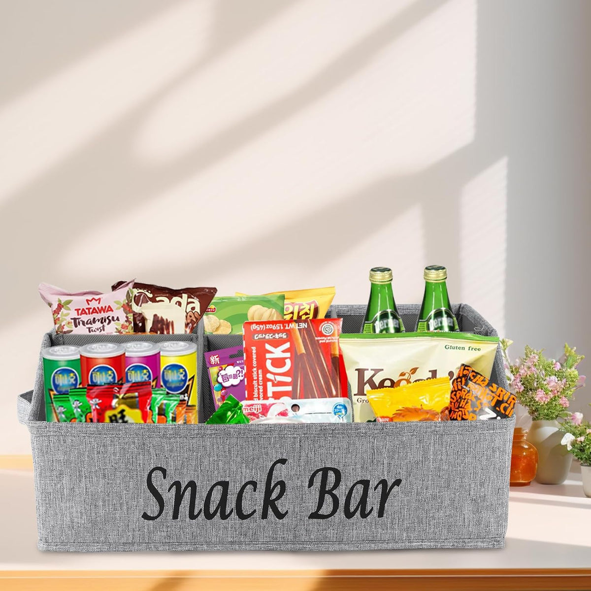 Snack Organizer for Countertop, Trapezoid Fabric Snack Bin Holder with Side Handles, 6 Compartment Snack Basket Container, Lightweight Snack Bar Station Organizer, Kitchen Pantry Storage-Black