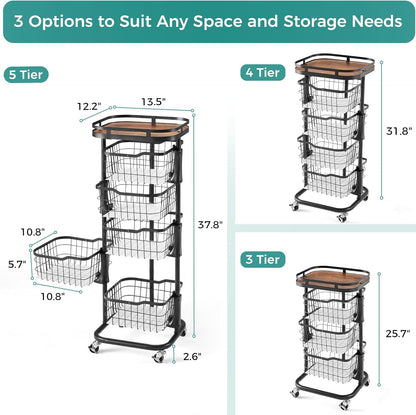 5 Tier Kitchen Fruit Vegetable Storage Cart with One-Piece Rotating Basket, Pantry Organizer Shelf Rack Floor Stand for Veggie Onion Potato Produce Spice, Rolling Snack Cart on Wheels, Black