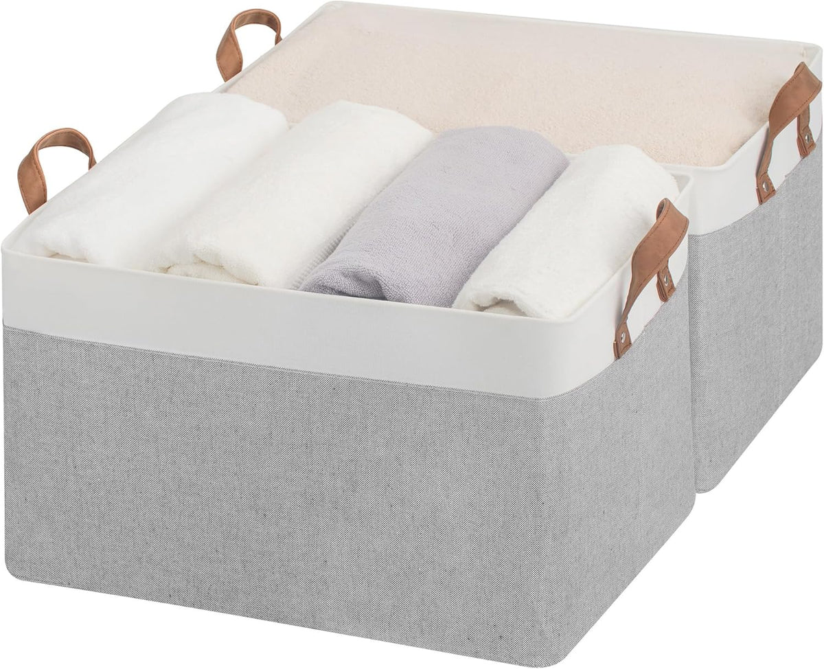 StorageWorks Storage Bins, Shelves Baskets for Organizing, Fabric Closet Organizers with Handles, Metal Frame, Beige-Cotton-linen, 2-Pack