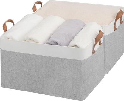 StorageWorks Storage Bins, Shelves Baskets for Organizing, Fabric Closet Organizers with Handles, Metal Frame, Beige-Cotton-linen, 2-Pack