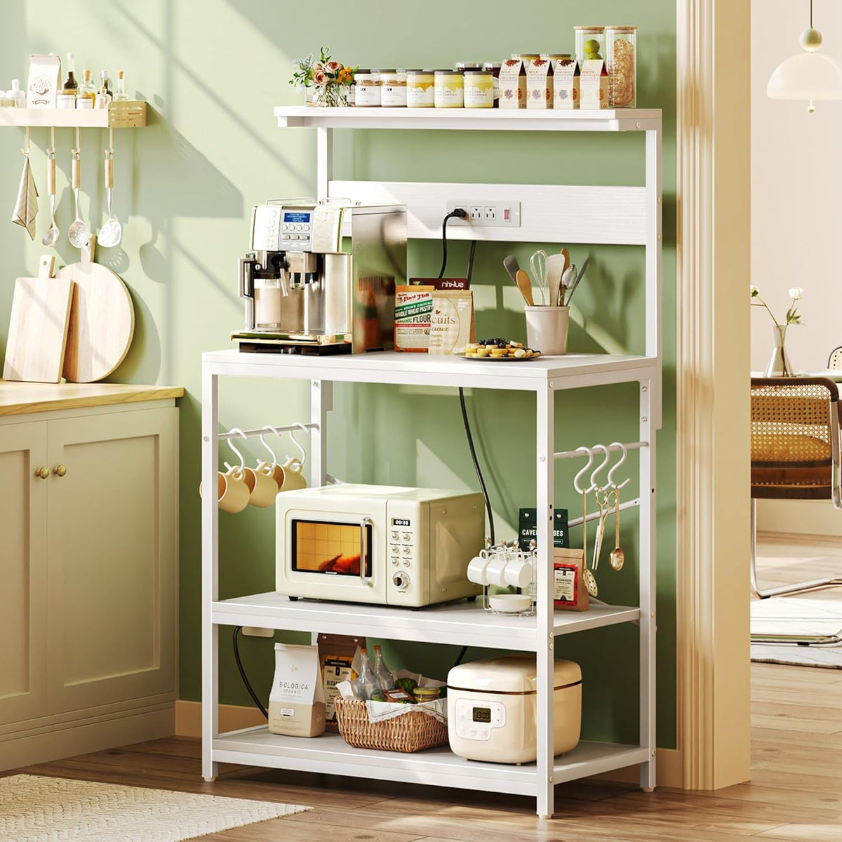 SUPERJARE Kitchen Bakers Rack with Power Outlet, Coffee Bar Table 4 Tiers, Kitchen Microwave Stand with 6 S-shaped Hooks, Storage Shelf Rack for Spices, Pots and Pans - Rustic Brown