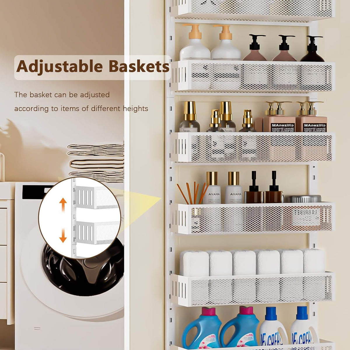 6-Tier Over The Door Pantry Organizer with Mesh Baskets, Adjustable & Stable Hanging Spice Rack for Kitchen, Bathroom, Bedroom, and Baby Essentials Storage