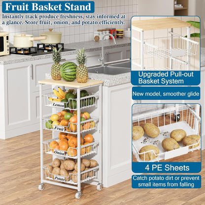 OKZEST 4-Tier Kitchen Storage Cart on Wheels – Mobile Fruit Basket Stand with Drawers & Wooden Top, Small Rolling Pantry Shelf for Potatoes, Onions, Bottled Drinks, Cans, Snacks – Includes 3 PE Liners