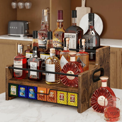 Homode 3-Tier Coffee Bar Organizer, 8 Bottle Syrup Stand with 35 Coffee Pod Storage Drawer, Rustic Wood & Metal Countertop Liquor Bottle Holder for Kitchen, Black