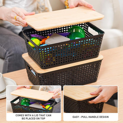 Small Storage Bins with Lids 6 Packs, Plastic Storage Basket with Bamboo Lid for Pantry Organization and Storage Containers for Shelves Drawers Desktop Closet Playroom Office Home, White