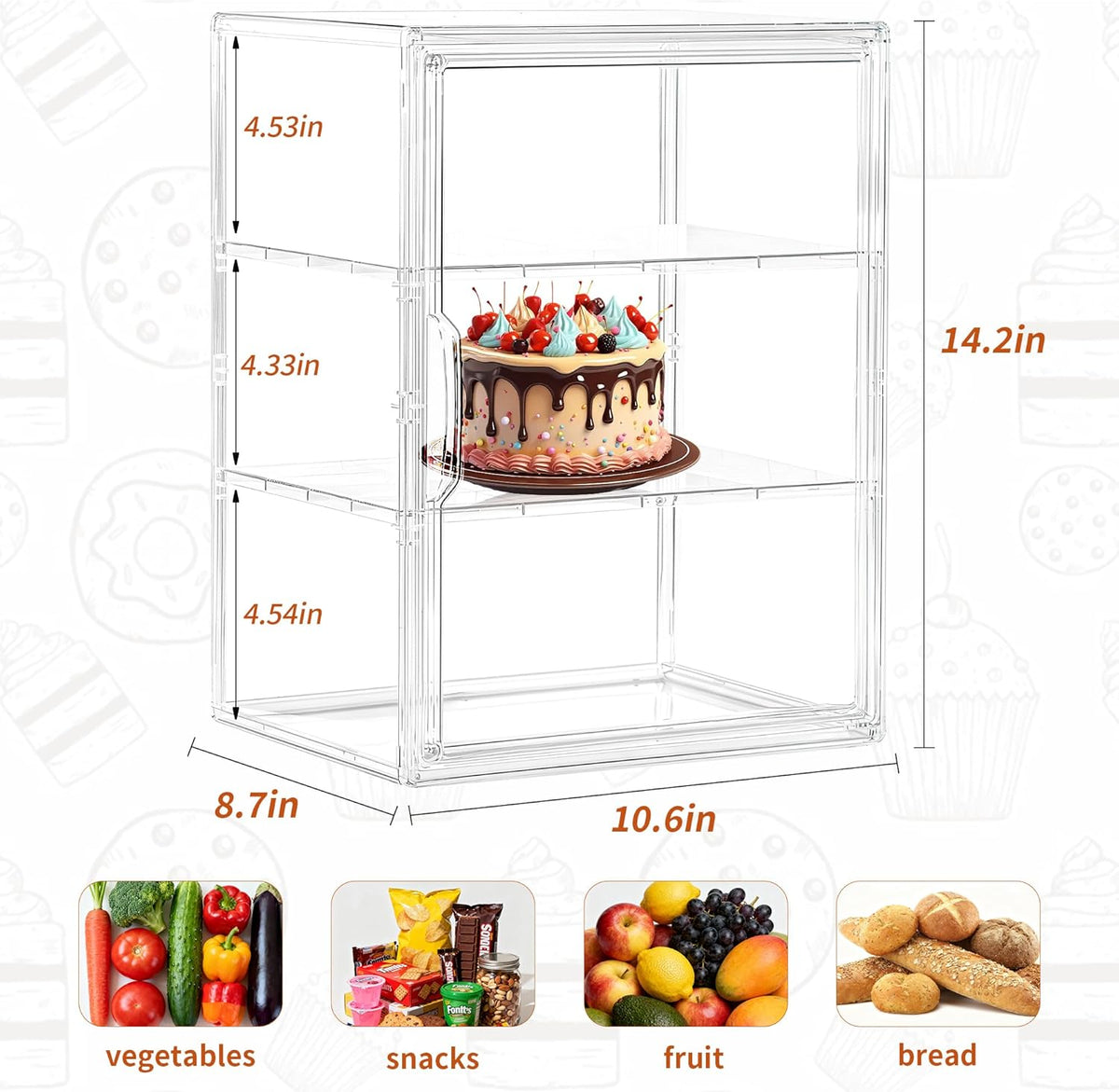 SANKEU Pastry Display Case,Bread Box for Kitchen Countertop,4 Layers Adjustable Clear Bread Storage with Magnetic Door Bakery Pastry Display15.5x11.4x9.8inch，1 Pack